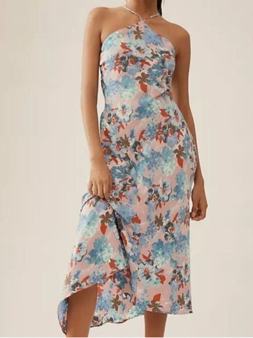 Anthropologie Floral Halter Midi Dress in Pastel Blue and Pink